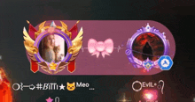 a purple emblem with a picture of a woman and a cat and the word meo