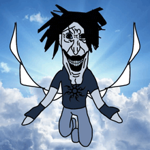 a drawing of a person with wings and a shirt that says ' sun ' on it