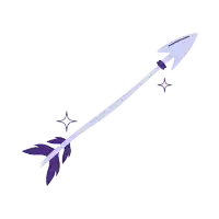 a purple and white arrow with feathers and stars on a white background