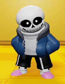 a cartoon skeleton with a blue jacket and black pants