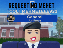 a girl in a military uniform is standing in front of a building with the name general air force written on it