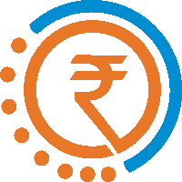 an orange and blue circle with a rupee sign inside of it