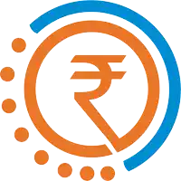 an orange and blue circle with a rupee sign inside of it