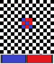 a checkered board with a red square in the middle