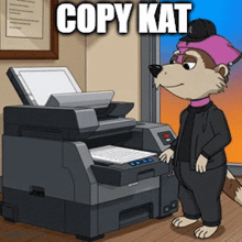 a cartoon character is standing in front of a copier with the caption copy kat