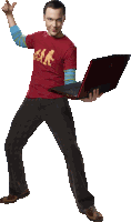 a man in a red shirt is holding a red laptop and giving a thumbs up