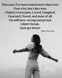 a black and white photo of a woman with her arms outstretched and a quote from stephanie bennett hurley