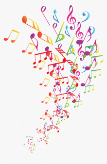 a bunch of colorful music notes floating in the air on a white background