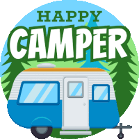 an illustration of a camper with the words happy camper written above it