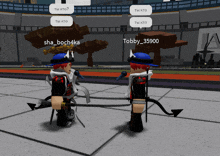 two roblox characters are standing next to each other and one has the name tobby_35900