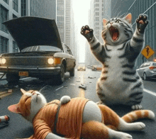 a cat is laying on the ground with its paws in the air while another cat screams in front of a broken down car