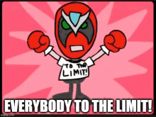 a cartoon character with boxing gloves and a shirt that says to the limit