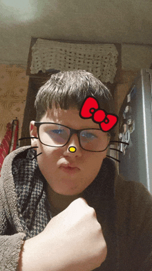 a boy wearing glasses with a hello kitty face on his face