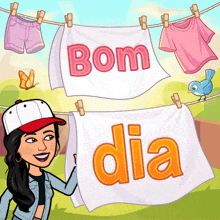 a cartoon of a woman holding a towel with bom dia written on it