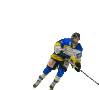 a hockey player wearing a blue and yellow jersey with a bauer logo on it