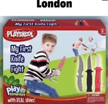 a boy is kneeling down in front of a playskool box that says my first knife fight