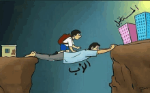 a cartoon of a man carrying another man over a cliff