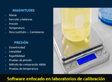 a bottle of liquid sits on a scale with magnitude and presion written on the bottom