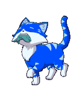 a cartoon drawing of a blue and white cat with a fish in its mouth