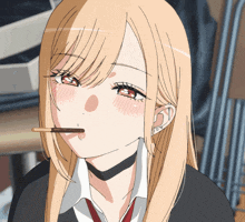 a girl with long blonde hair and red eyes is eating a candy bar