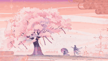 a painting of a cherry blossom tree with a girl holding an umbrella