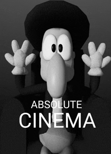 a black and white poster for absolute cinema with a cartoon character