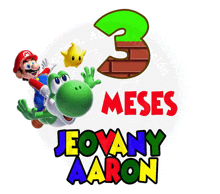 a sticker that says 3 meses jeovany aaron with mario and yoshi