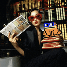 a woman wearing red sunglasses is reading a newspaper while holding a stack of folders