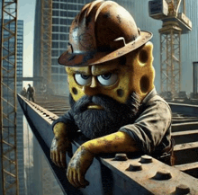 spongebob wearing a hard hat and a beard is leaning on a railing