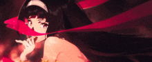 a girl with a red ribbon covering her face has the number 35 on her head