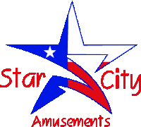 a logo for star city amusements with a blue and red star