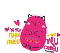 a pink cat with a heart and the words " ai cũng yêu chiều " on the bottom