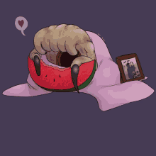 a drawing of a monster eating a slice of watermelon next to a picture that says " love you "