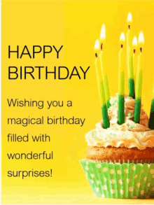 a birthday card with a cupcake and candles and the words wishing you a magical birthday filled with wonderful surprises