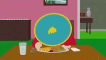 a cartoon character is sitting at a table with a plate of food on it .