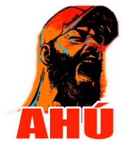 a drawing of a man with a beard and the word ahu in red