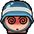 a pixel art illustration of a person wearing a helmet with a swirl in their eyes .