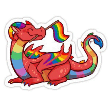 a red dragon is holding a rainbow flag in its mouth .