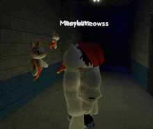 a person in a red hat is standing in a dark hallway with meeylitteowss written on the ceiling