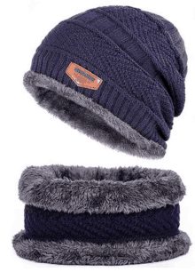 a blue knitted hat and scarf with a label that says ' abercrombie & fitch '