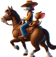 tom and jerry are riding on the back of a brown horse