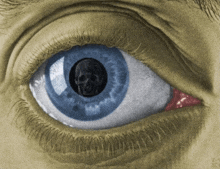 a drawing of a blue eye with a skull in the center