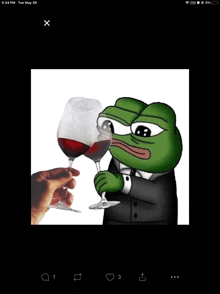 a frog in a suit is holding two wine glasses