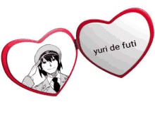 a heart shaped mirror with a picture of a man and the words yuri de futi