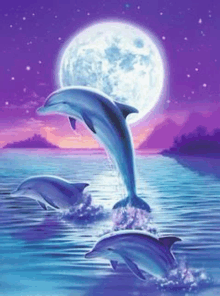 a painting of three dolphins jumping out of the water at night .