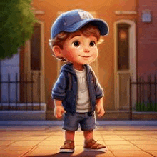 a little boy wearing a blue hat and a jacket is standing on a sidewalk .