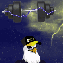 a bald eagle wearing a peace eagle hat stands in front of a barbell