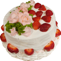 a white cake with strawberries and pink frosting on top