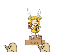 a drawing of a girl standing on a podium with a sign that says " みかん "