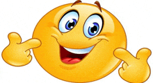 a cartoon smiley face is smiling and pointing at himself .